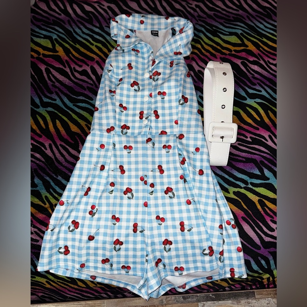 SHEIN Blue and White Checkered Cherry Romper